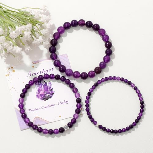 Raicegs 4 6 8MM Beaded Bracelets Healing Crystal Bracelet for Women Men Natural Stone Handmade Stretch Bracelet Reiki Spiritual Jewelry - color: Amethyst, size: 8mm