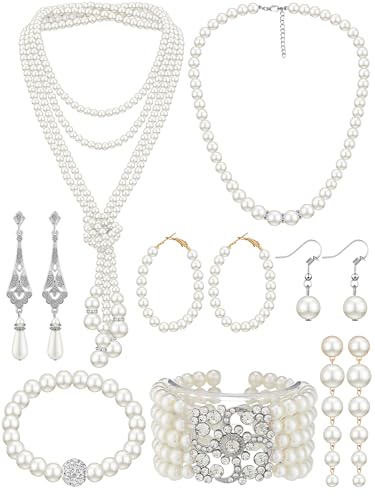 BBTO 8 Pcs Pearl Necklace and Earring Set for Women Faux Pearl Bracelet Costume Jewelry Set for Wedding Bridal Shower Party - style: Classic