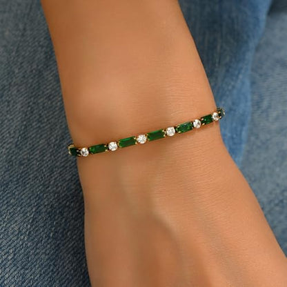 18K Gold Plated Multi-Color Classic Tennis Bracelet for Women Dainty Color 3mm Rainbow Cubic Zirconia Bracelet Adjustable CZ Gold Bracelets Trendy Summer Jewelry Gift - style: Green-Gold