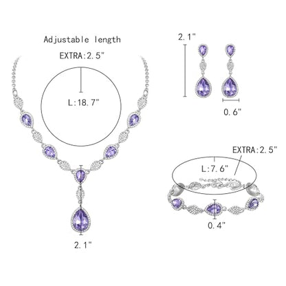 EleQueen Women's Wedding Bridal Jewelry Sets for Brides Bridesmaids, Cubic Zirconia Teardrop Necklace Tennis Bracelet Dangle Earrings Jewellery Set - color: Light Purple Silver-Tone