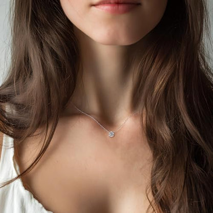 925 Sterling Silver Necklace for Women 6.5mm Round Cubic Zirconia Necklace Solitaire Pendant Adjustable 16-18 Inch Silver Chain Dainty CZ Jewelry Gift for Anniversary Birthday Wedding