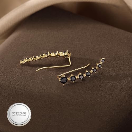 Reffeer Solid 925 Sterling Silver 7 Crystals Cuff Earrings Climber for Women Crawler Earrings Wraps - color: D-Yellow-Black CZ