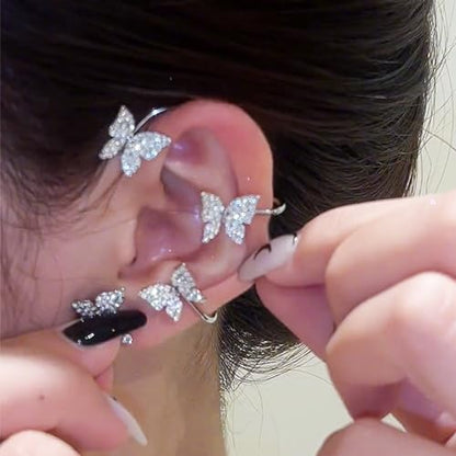 Butterfly Ear Cuff Earrings Sparkly Butterfly Ear Wrap Clip On Earrings Fairy Right Left Ear Cuffs Non Piercing - color: Silver