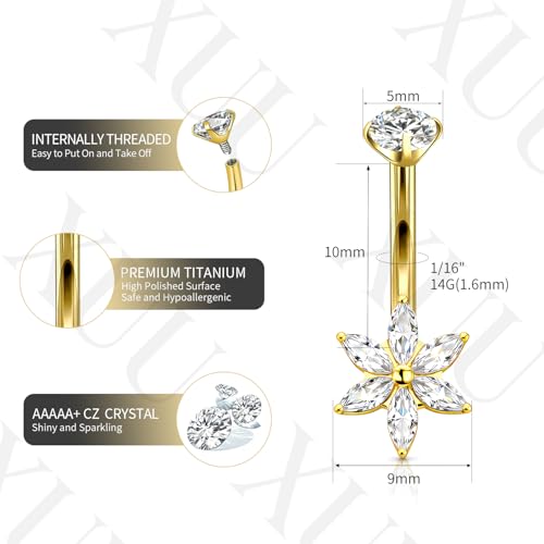 XUU Titanium Belly Button Rings 14G, Implant-Grade Navel Piercing, Luxury CZ Shape with Flower Butterfly, Hypoallergenic Curved Barbell Jewelry for Women, Gold or Silver - style: Flower-Gold