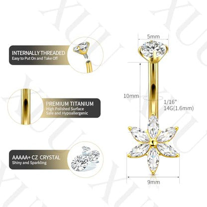 XUU Titanium Belly Button Rings 14G, Implant-Grade Navel Piercing, Luxury CZ Shape with Flower Butterfly, Hypoallergenic Curved Barbell Jewelry for Women, Gold or Silver - style: Flower-Gold