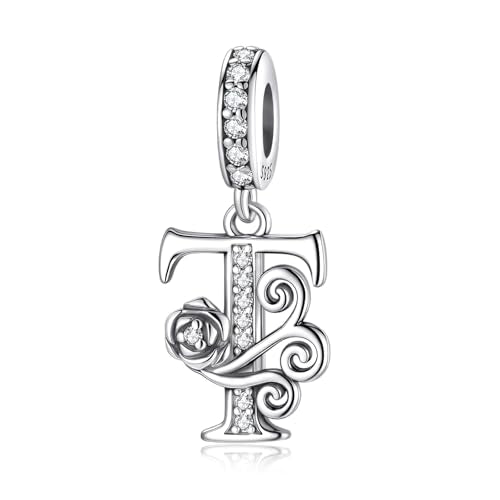 LNQOBU Complete A~Z Alphabet Charm Letter Beads, Solid 925 Sterling Silver with Cubic Stones Rose Alphabet Charm fits Pandora Bracelets Necklace Women Jewelry - color: CYT-T