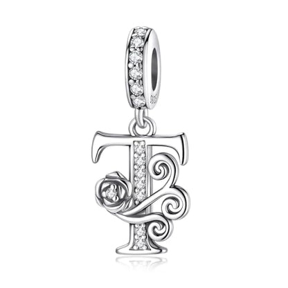 LNQOBU Complete A~Z Alphabet Charm Letter Beads, Solid 925 Sterling Silver with Cubic Stones Rose Alphabet Charm fits Pandora Bracelets Necklace Women Jewelry - color: CYT-T
