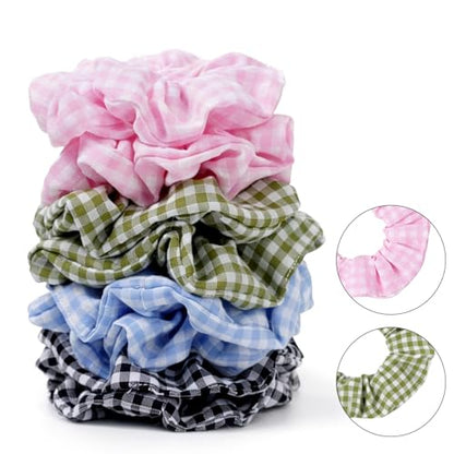 Satin Scrunchies for Women – 8PCS Plaid Mix (Light Blue, Black & White, Pink, Dark Green) Silk Hair Ties – No Crease, Frizz-Free, Retro & Chic Hair Bands for Thick & Thin Hair, Trendy Hair Accessories - color: Large-Plaid