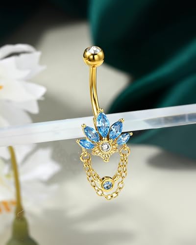 COCHARM 14G Lotus Belly Button Rings Dangle Belly Navel Rings for Women Surgical Steel Navel Piercing jewelry - color: YGBL-10MM