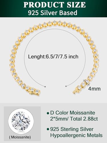 Sterling Silver 14K Gold Plated 2.5mm/3mm/4mm/5mm Round Cut Moissanite Tennis Bracelet, Classic Luxury Bezel Set Diamond Bracelets for Women Men Wedding Birthday Jewelry, Size 6.5" 7" 7.5" 8.3" - color: 2.5mm Width-Moissanite-Gold, size: 7.0 Inch (Fit Wri