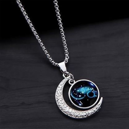Stainless Steel Mens Necklace 12 Zodiac Moon Galaxy Pendant Necklace,22.8 Inch Stainless Steel Chain, 1.13 Inch Aries/Pisces Celestial Crescent Moon Star Sign Charm Jewelry - style: Aquarius（1.20-2.18）