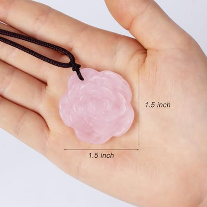 Crystal Flower Pendant Necklace for Women, Hand Carved Sculpted Flower Bloom Charm, Healing Stone Jewelry Gift for Her Mom Girlfriend - color: Pink