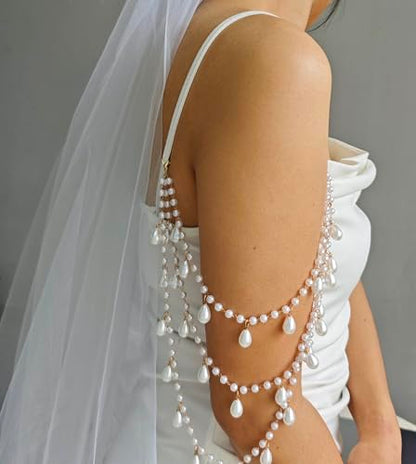 2 Pcs Pearl Shoulder Chain Detachable Bridal Arm Jewelry Layered Beaded Tassel Epaulettes for Wedding Prom Dress Sleeves Pearl Straps Accessory