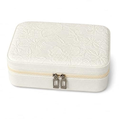 Travel Jewelry Case, Jewelry Box with Floral Embossed, PU Leather Travel Jewelry Organizer with Zipper, Velvet Lined Ring Earring Necklace Case for Travel, 6.3 x 4.7 x 2.4 in - color: White-2