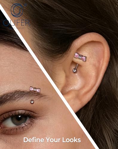 OUFER 16G Rook Earring Piercing Jewelry-316L Surgical Steel Pink Clear CZ Bow Eyebrow Rings, 6/8MM Curved Barbell Vertical Labret Lip Piercing Jewelry - color: Silver-PK