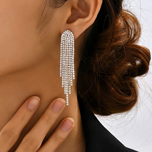 HERIER Rhinestone Earrings Dangling for Women Chandelier Statement Tassel Earrings Girls Silver Sparkly Drop Cubic Zirconia Crystal Earrings Long Dangle Costume Jewelry - color: Silver-Round Tassel
