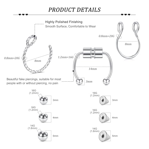 Zolure Fake Piercing Fake Eyebrow Ring Fake Lip Labret Studs Replacement Balls Spike with 100pcs Sticker Non-Piercing Body Jewelry - color: Mix Color #3
