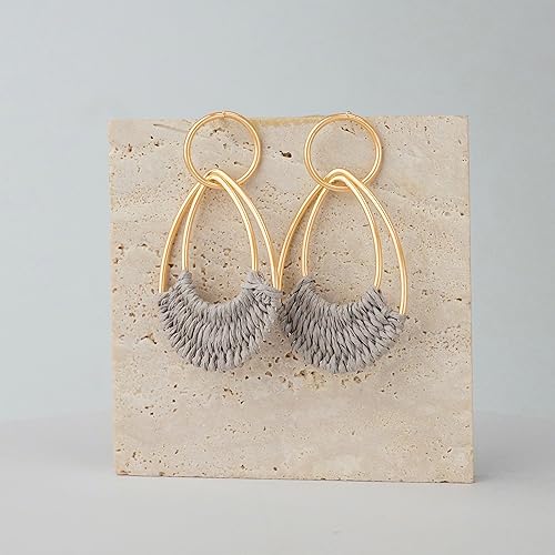 Raffia Hoop Earrings for Women Fun Boho Summer Beach Earrings Lightweight Handmade Straw Wicker Rattan Dangle Earrings Statement Geometric Round Drop Earrings - color: Grey - Teardrop