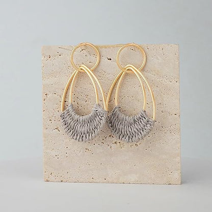 Raffia Hoop Earrings for Women Fun Boho Summer Beach Earrings Lightweight Handmade Straw Wicker Rattan Dangle Earrings Statement Geometric Round Drop Earrings - color: Grey - Teardrop