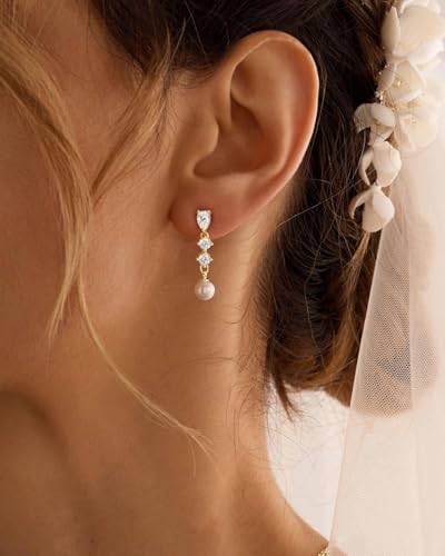 Pearl Earrings - 14K Gold/White Gold/Rose Gold Plated Cubic Zirconia CZ Diaomond Accented Pearl Drop Dangle Earrings for Women Wedding Bridal Prom - color: Gold 3pcs cz