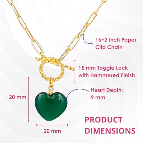 Gempires Gemstone Heart Pendant Necklace for Women, Gold Toggle Birthstone | Handmade gemstone heart pendant necklace — choose from 11 stones and birthstones, gold toggle paperclip chain. - color: Green Onyx