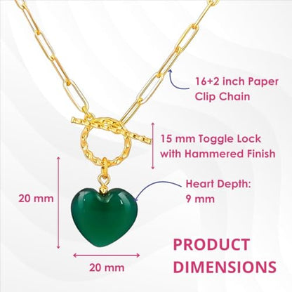 Gempires Gemstone Heart Pendant Necklace for Women, Gold Toggle Birthstone | Handmade gemstone heart pendant necklace — choose from 11 stones and birthstones, gold toggle paperclip chain. - color: Green Onyx