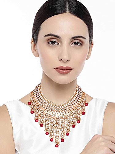 Aheli Elegant Indian Wedding Wear Faux Kundan Studded Choker Necklace with Maang Tikka Set Ethnic Fashion Jewelry for Women Maroon Kundan & Pearl Drop - color: Maroon 5