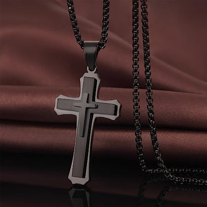 Men's Cross Necklace 316L Stainless Steel Large Heavy Cross Pendant for Men Polished Jewelry Rolo Chain with 22'' 24'' 26'' - color: C-black, size: 22 inch