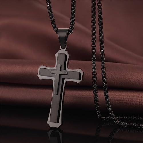 Men's Cross Necklace 316L Stainless Steel Large Heavy Cross Pendant for Men Polished Jewelry Rolo Chain with 22'' 24'' 26'' - color: C-black, size: 26 inch