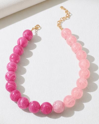 Chunky Beaded Choker Necklace for Women Boho Statement Necklace with Large Pearl Blue Brown Tone Resin Beads Summer Beach Jewelry Gifts - color: Gradient Pink