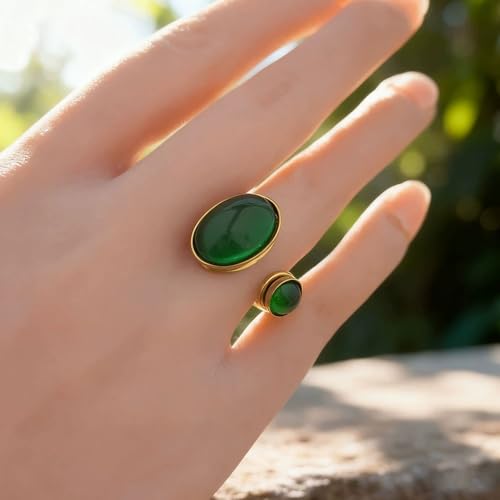 Dtja Double Green Stone Statement Ring for Women Gold Plated Adjustable Expandable Round Oval Birthstone Open Wrap Finger Rings Retro Birthday Anniversary Jewelry