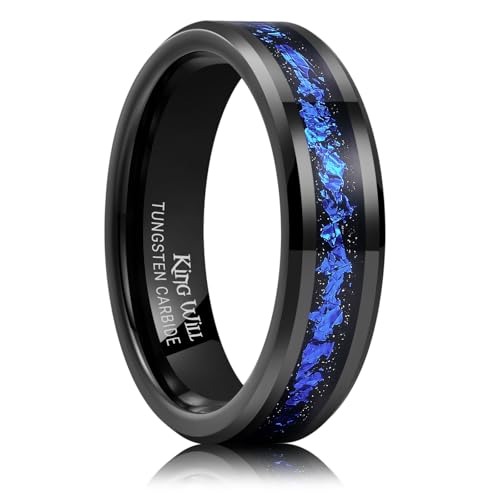 King Will Mens Wedding Band with Foils Inlay, Black/Silver/Gold | Black, 6mm/8mm, Beveled Edge, Comfort Fit, Glowstone Ring, Everyday Wear - color: Black&Blue-6mm