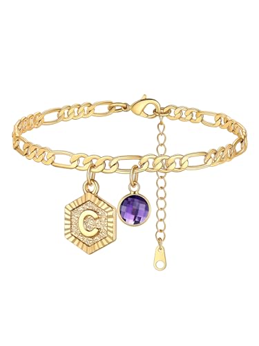 Custom4U Personalized Initial Ankle Bracelets for Women 14K Gold Plated Dainty CZ Birthstone Hexagon Letter Initial Anklets for Women Adjustable Silver/Gold Foot Chain Summer Beach Jewelry Gifts - color: Gold Hexagon-C