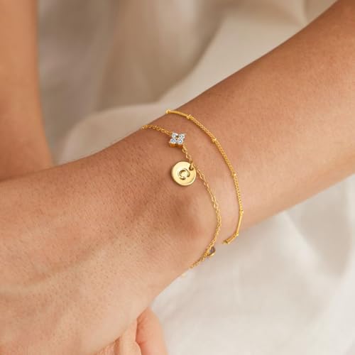 M MOOHAM Initial Bracelets for Women Girls Gifts, Birthday Gifts Jewelry | Dainty Four Leaf Clover Bracelet, Bracelets for Women Trendy, Initial Bracelet for Teen Girls, Personalized Birthday Gifts - color: L