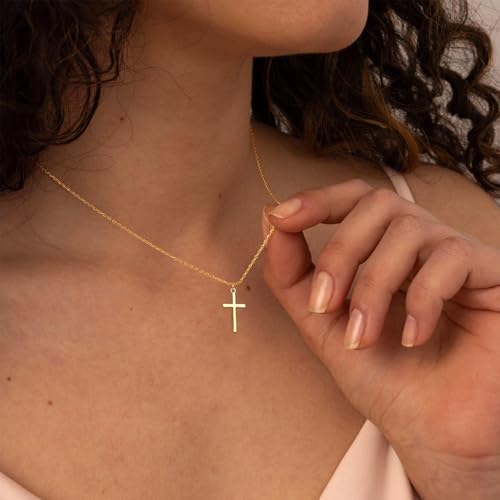 Poxtex Cross Necklace for Women Teen Girls, Dainty 14K Gold Silver Plated Cross Choker Jewelry Non Tarnish Waterproof Cute Simple Small Necklace Christian Baptism Religious Faith Jewelry Gifts - color: 04 Simple Cross Gold