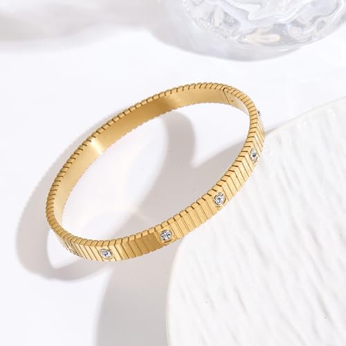 Women's Bracelet Stainless Steel Gold Plated Cuff Bangle Cube Zircon Hinge Jewelry oval Bangle Witness the Gift of Love - color: Zircon Gold Large 7"
