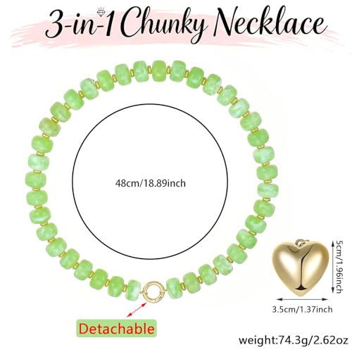 Chunky Heart Necklaces for Women Colorful Resin Beaded Necklaces for Women Gold Puffy Heart Statement Necklace Trendy Acrylic Choker Jewelry Gift - color: B-Light green