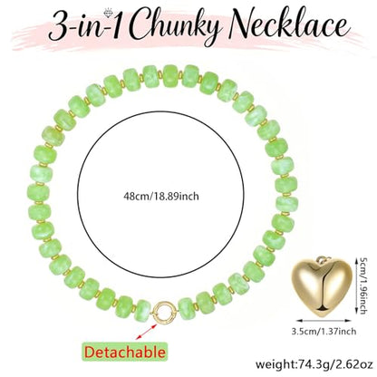 Chunky Heart Necklaces for Women Colorful Resin Beaded Necklaces for Women Gold Puffy Heart Statement Necklace Trendy Acrylic Choker Jewelry Gift - color: B-Light green