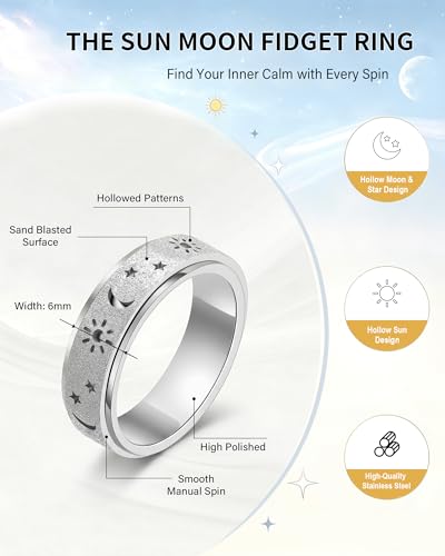 Fidget Toys Adults Anxiety Ring Women Men Stress Relief Band Spinner Sun | Celestial Sun Moon Star Stainless Steel Band Hollowed Sandblasted Surface 6mm Width18K Gold Silver Size 6-10 Unisex - color: Silver, size: Size 10