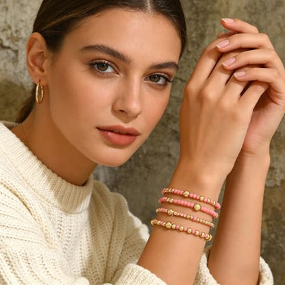 LOTSOF Bohemia Multilayer Beaded Bracelet Set, Turquoise Resin Colorful Surfer Heishi Style Elastic Spring Clasp Friendship Elastic Wristbands Summer Beach Boho Vacation Jewelry - color: Pink