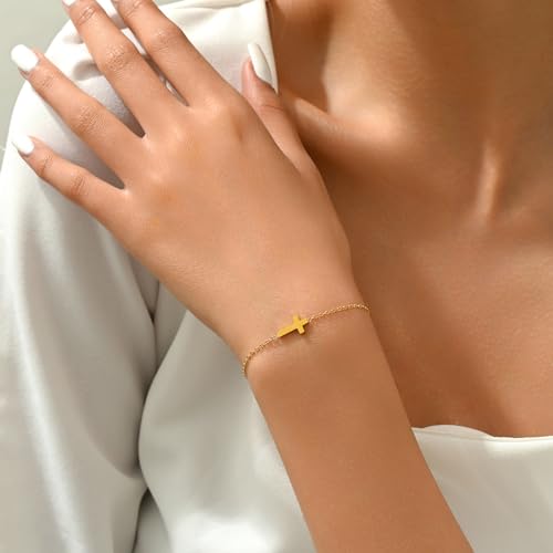 18K Gold Plated Pearl Beaded Cross Bracelets for Women Adjustable Stainless Steel Dainty Thin Gold Box Cuban Twisted Link Chain Bracelet Bridesmaid Jewelry Gifts - color: Tiny Cross-Gold