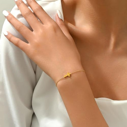 18K Gold Plated Pearl Beaded Cross Bracelets for Women Adjustable Stainless Steel Dainty Thin Gold Box Cuban Twisted Link Chain Bracelet Bridesmaid Jewelry Gifts - color: Tiny Cross-Gold