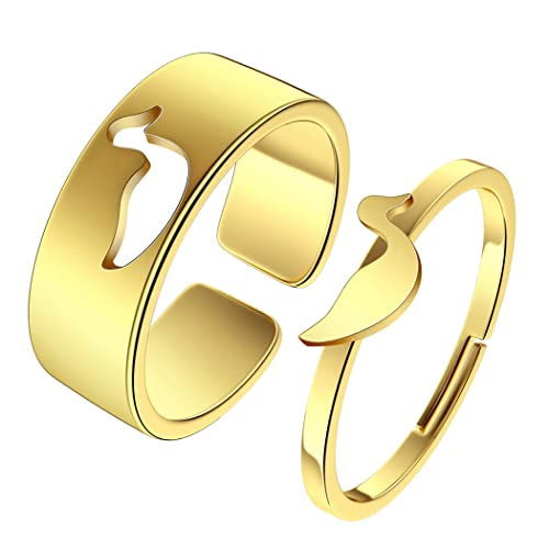 2PCS Matching Cute Animals Promise Engagement Rings for Couples Men Women Jewelry Band Sets 316L Stainless Steel Adjustable Open Ring - color: Duck-g