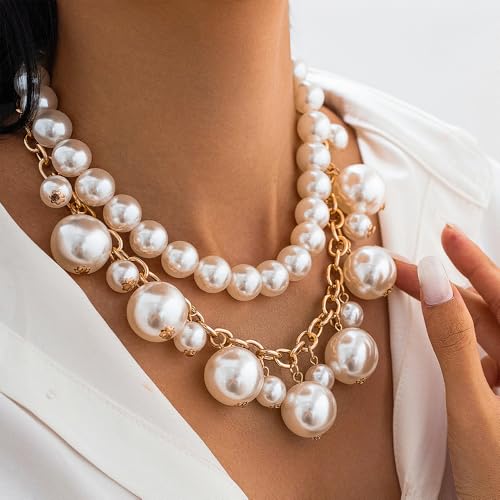 Chunky Gold Layered Big Pearl Beaded Statement Necklaces for Women | Large White Faux Pearls Beads Stack Choker Necklace Trendy Wedding Bridal Prom Statement Jewelry Formal Cluster Bib Necklace