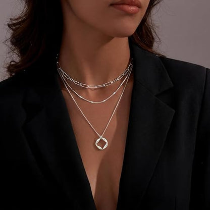 Poxtex Layered Gold Necklaces for Women, Stackable Dainty 14K Gold Silver Plated Trendy Simple Heart Diamond Cross Bow Circle Pendant Paperclip Choker Dot Chain Necklace,Jewelry Set Gifts for Women - color: Silver, style: Circle1