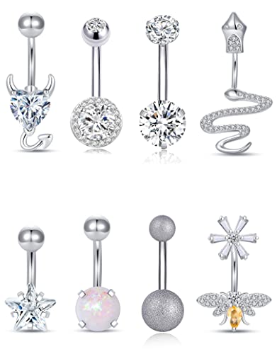 6-8-12PCS 14G 6-10mm Short Bar Tiny Heart Butterfly Evil Eye Devil Heart Snake Skull CZ Skull hand with Gem ball Stainless Steel Belly Button Rings Navel Rings for Women Barbell Eyebrow Body Piercing Jewelry - color: G:8Pcs(Snake)