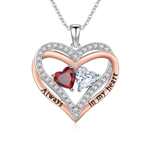 Heart Birthstone Necklace for Women 14K Rose Gold/White Gold Filled Overlapping Double Hearts Pendant Anniversary Valentine's Day Birthday Mother's Day Christmas Gifts for Wife Mom Daughter Her - color: 01-04-Jan-Apr Birthstone-A, style: Double-Layered Lo