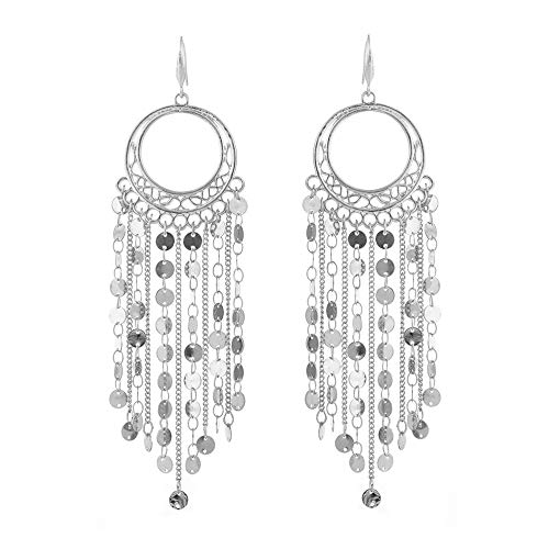 Bohemian Boho Tassel Dangle Drop Earrings for Women – Lightweight Filigree Gypsy Coin Chandelier Disc Charm Hoops – included Gift Box - style: Round - Silver