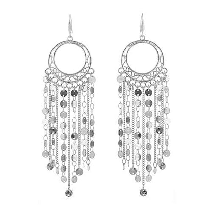 Bohemian Boho Tassel Dangle Drop Earrings for Women – Lightweight Filigree Gypsy Coin Chandelier Disc Charm Hoops – included Gift Box - style: Round - Silver