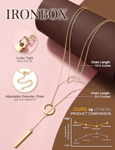 IRONBOX Long Necklaces for Women Trendy 14K Gold Plated Lariat Y Necklace | Hypoallergenic, Adjustable, Gold Silver Drop Necklace, Durable Layered Chain, Dainty Pendant Jewelry, Daily Wear, For Gift